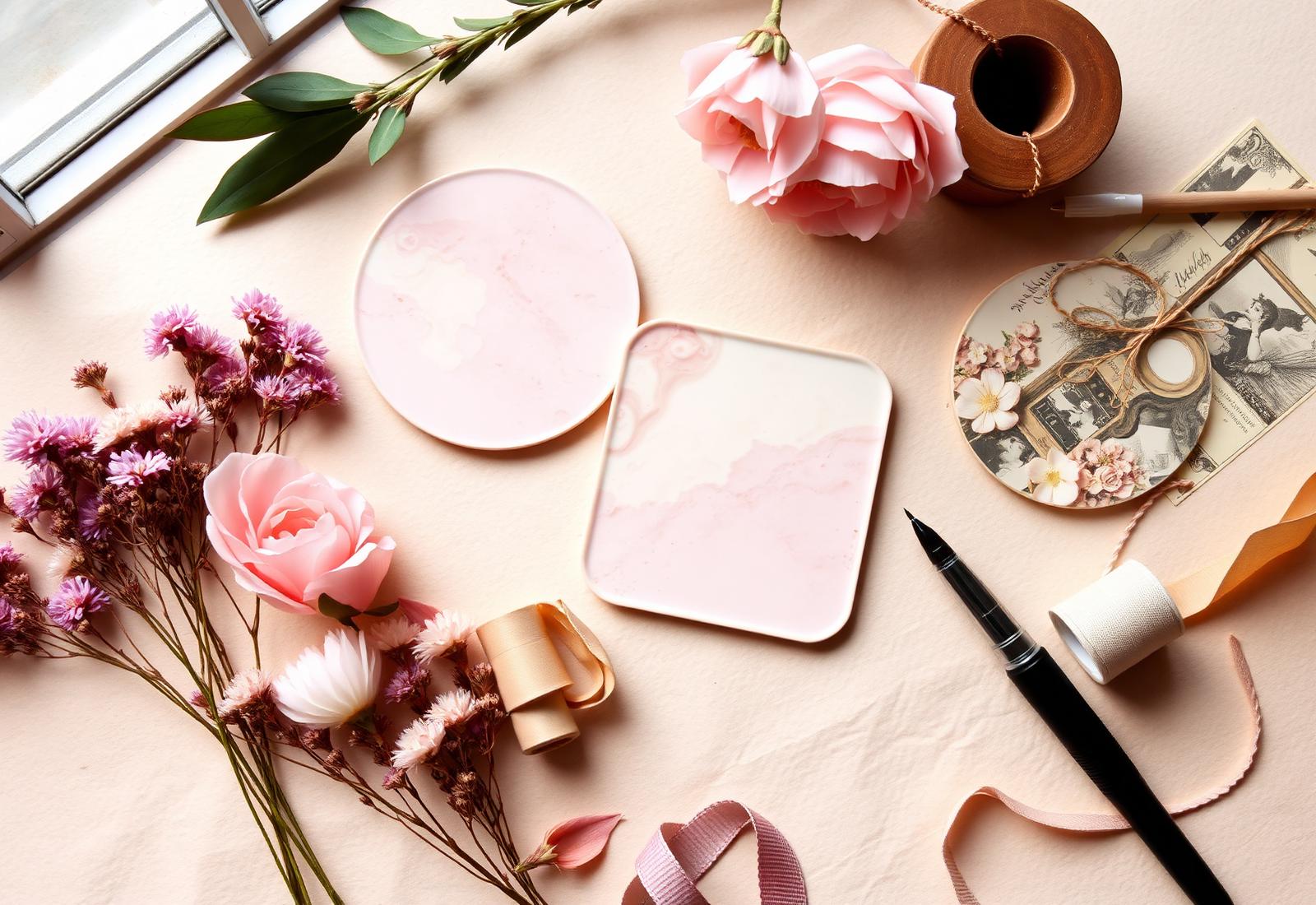 Handmade craft flatlay with pressed roses, resin coasters and ribbons